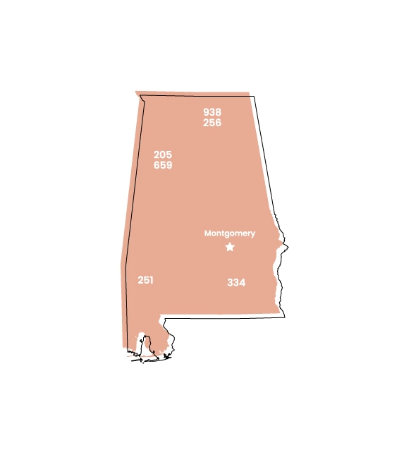 Alabama map showing location of area code 659 within the state