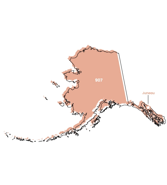 Alaska map showing location of area code 907 within the state