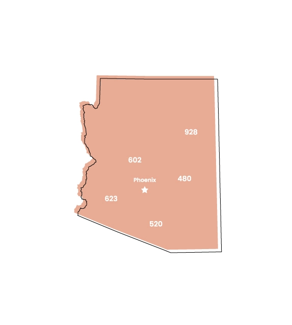 Arizona map showing location of area code 480 within the state