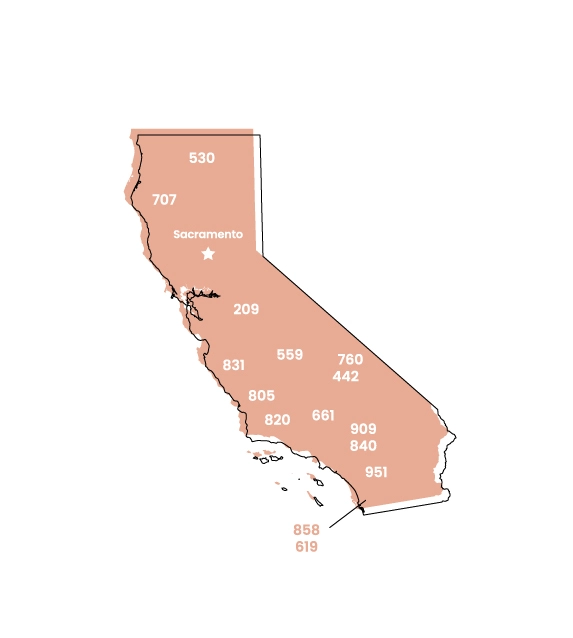 California map showing location of area code 949 within the state