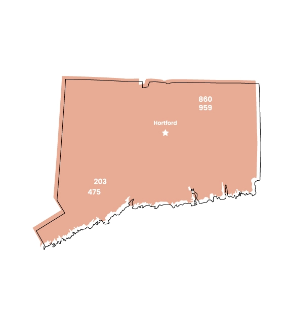 Connecticut map showing location of area code 475 within the state