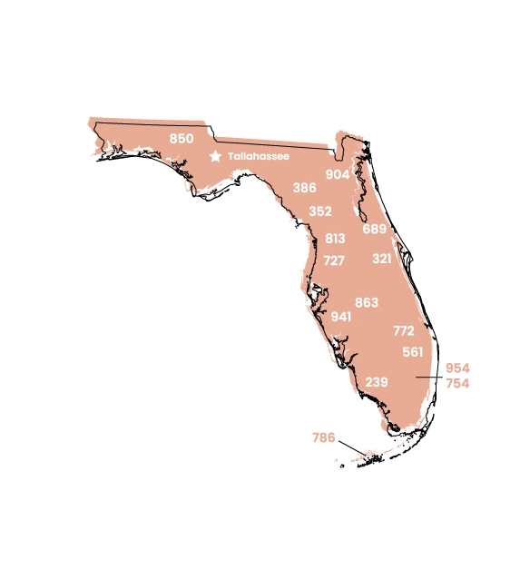 Florida map showing location of area code 407 within the state