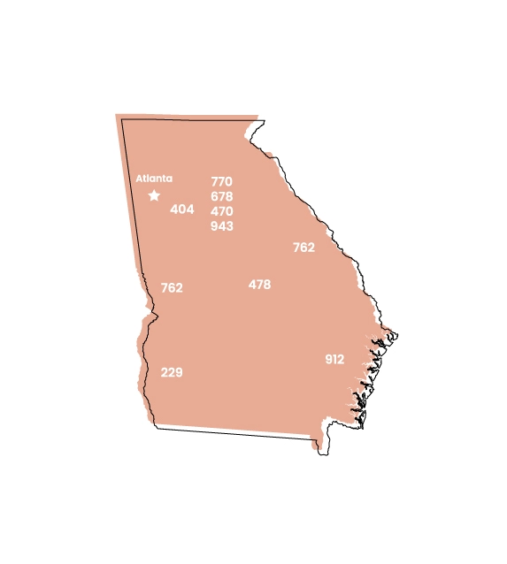 Georgia map showing location of area code 404 within the state