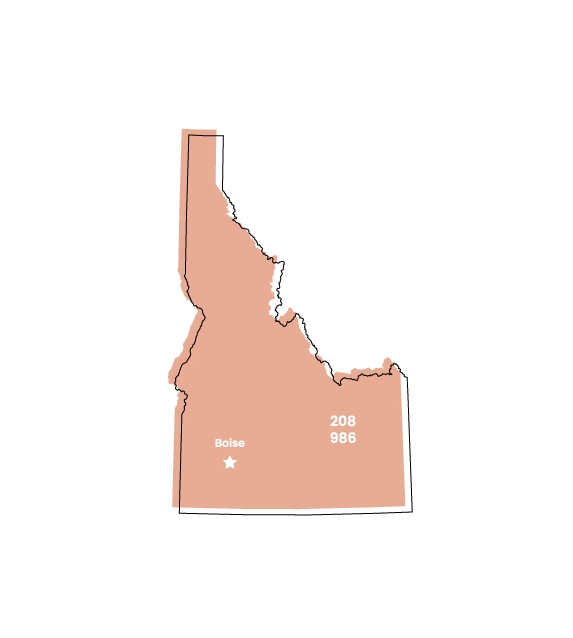 Idaho map showing location of area code 986 within the state