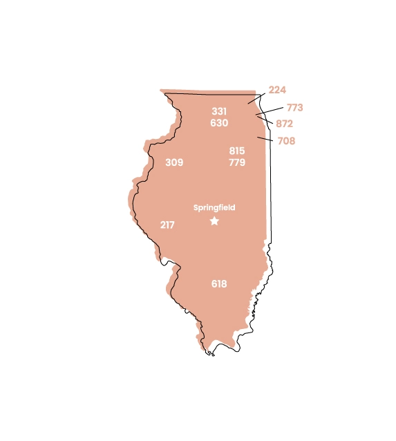 Illinois map showing location of area code 217 within the state