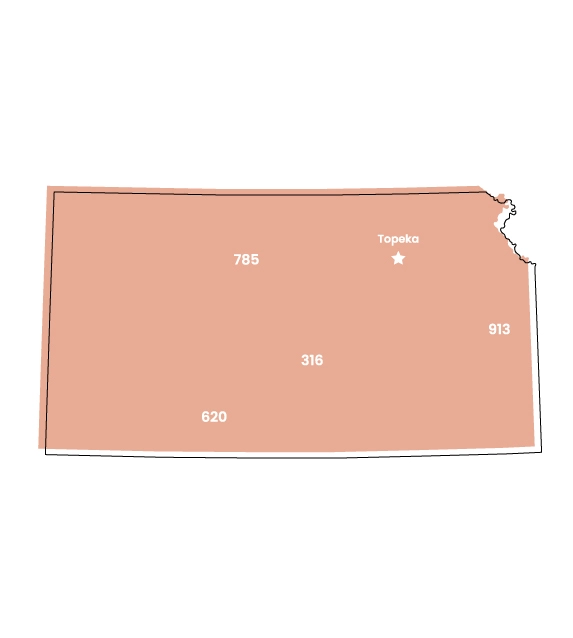 Kansas map showing location of area code 316 within the state