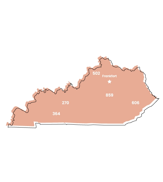 Kentucky map showing location of area code 502 within the state