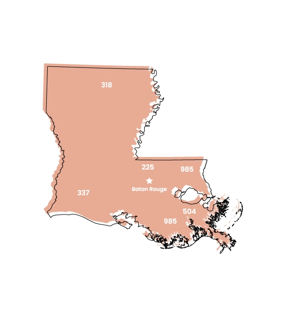 Louisiana map showing location of area code 318 within the state