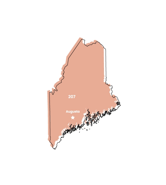 Maine map showing location of area code 207 within the state