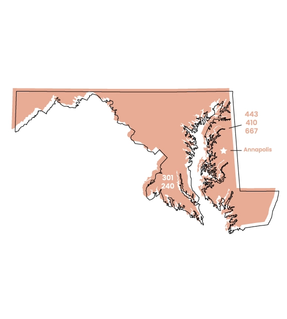 Maryland map showing location of area code 240 within the state