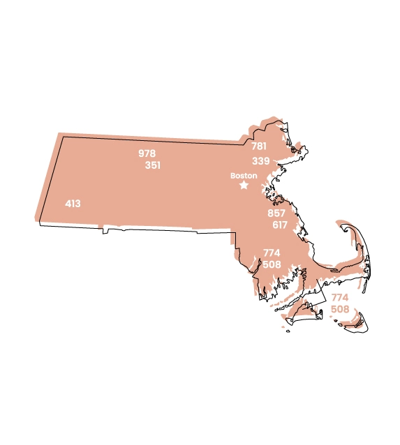 Massachusetts map showing location of area code 508 within the state
