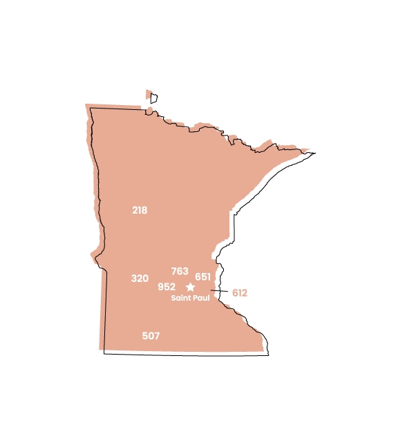 Minnesota map showing location of area code 320 within the state