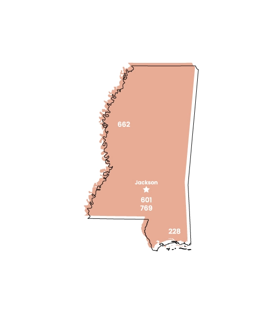 Mississippi map showing location of area code 601 within the state