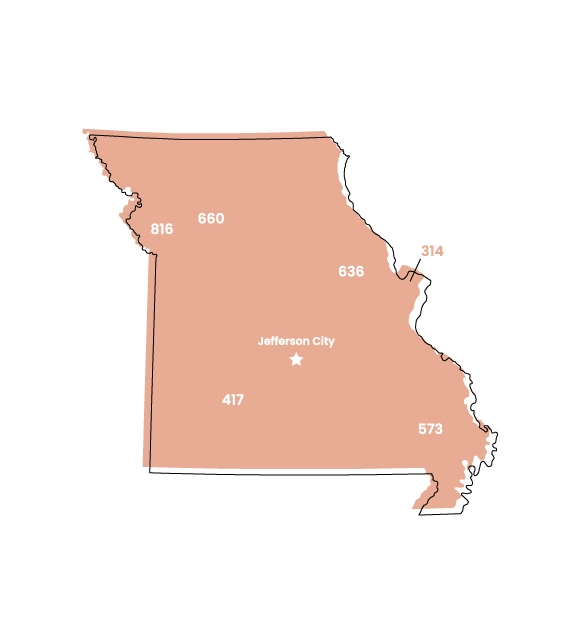 Missouri map showing location of area code 314 within the state
