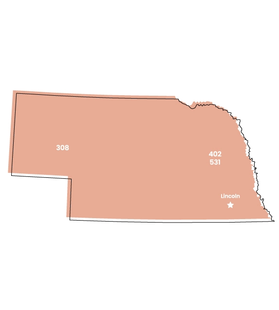 Nebraska map showing location of area code 402 within the state