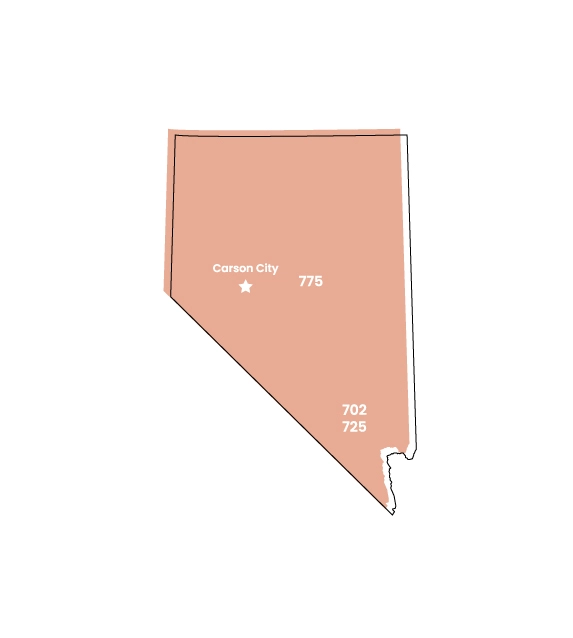 Nevada map showing location of area code 702 within the state