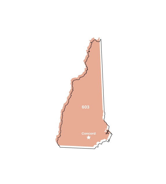 New Hampshire map showing location of area code 603 within the state