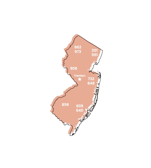 New Jersey map showing location of area code 640 within the state