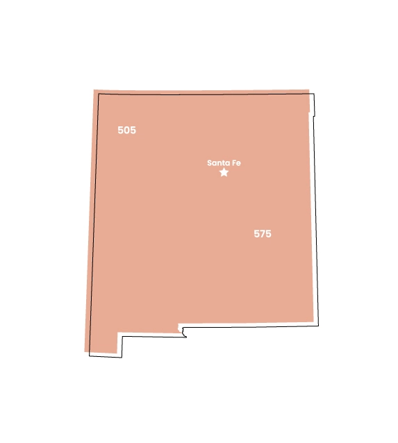 New Mexico map showing location of area code 505 within the state