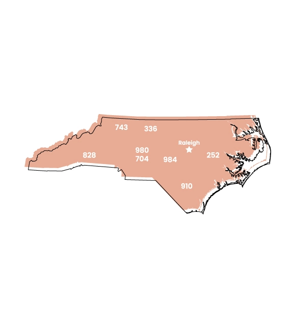 North Carolina map showing location of area code 472 within the state