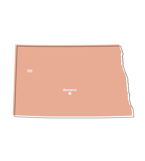North Dakota map showing location of area code 701 within the state