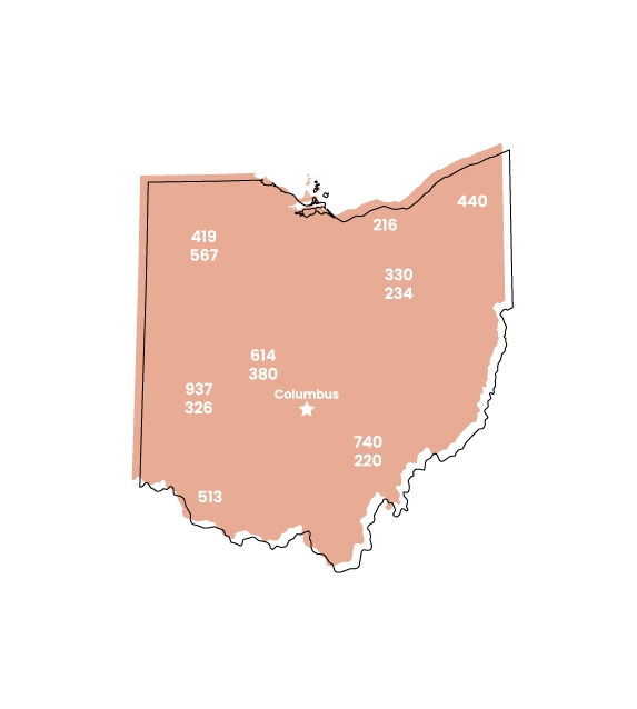 Ohio map showing location of area code 740 within the state