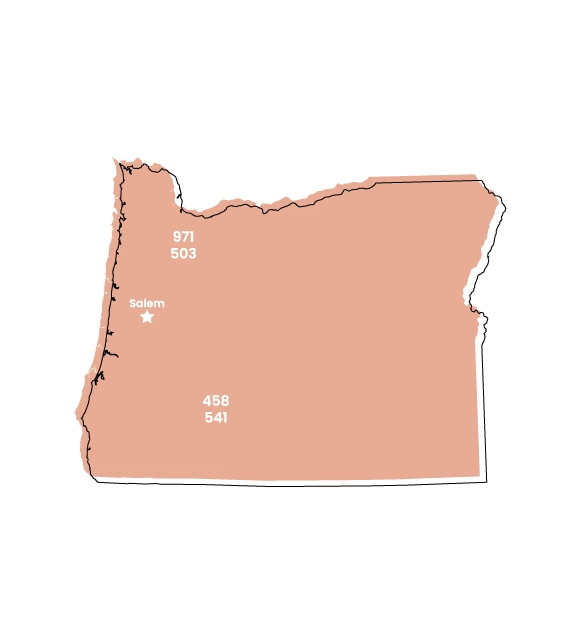 Oregon map showing location of area code 458 within the state