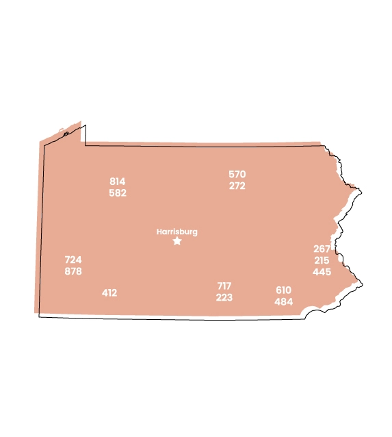 Pennsylvania map showing location of area code 412 within the state
