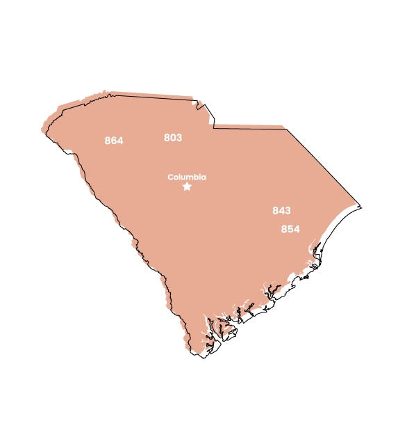 South Carolina map showing location of area code 843 within the state