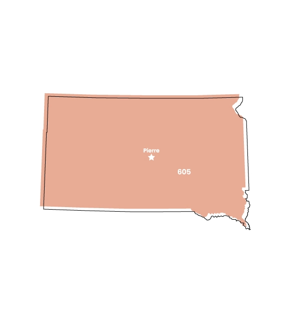 South Dakota map showing location of area code 605 within the state