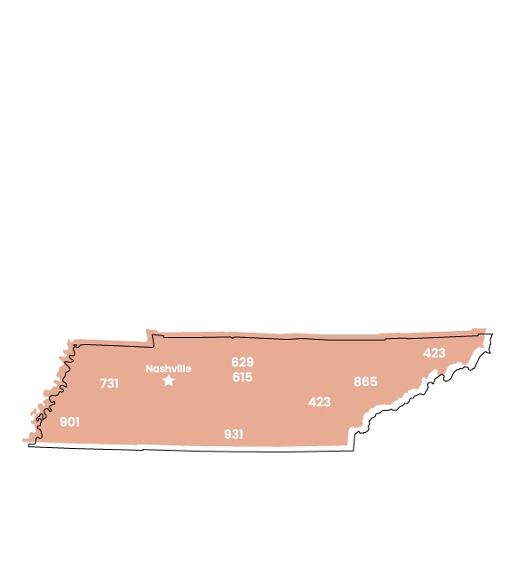 Tennessee map showing location of area code 629 within the state