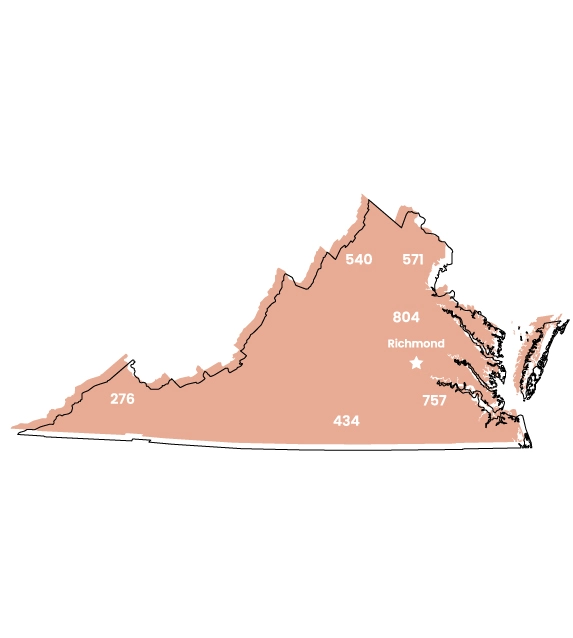 Virginia map showing location of area code 540 within the state