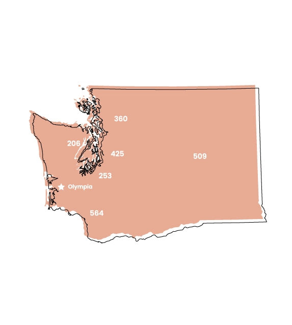 Washington map showing location of area code 509 within the state