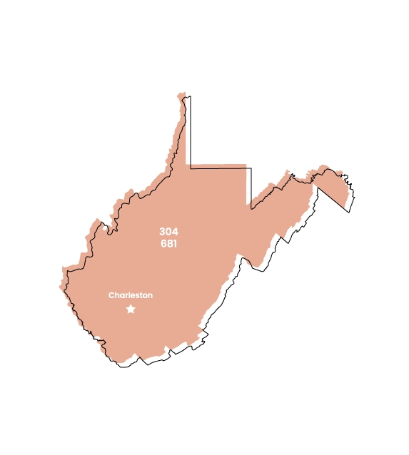 West Virginia map showing location of area code 304 within the state