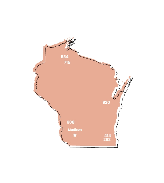 Wisconsin map showing location of area code 608 within the state